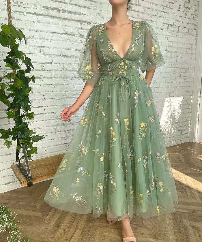 Floral Prom Dress 2023 A-line V Neck Corset Back Embroidery Tulle with Bow(s)