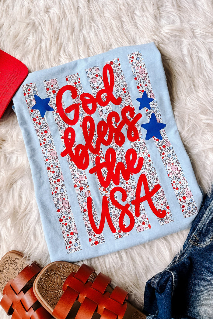 Floral Stripes God Bless the USA Graphic Tee - Hydrangea