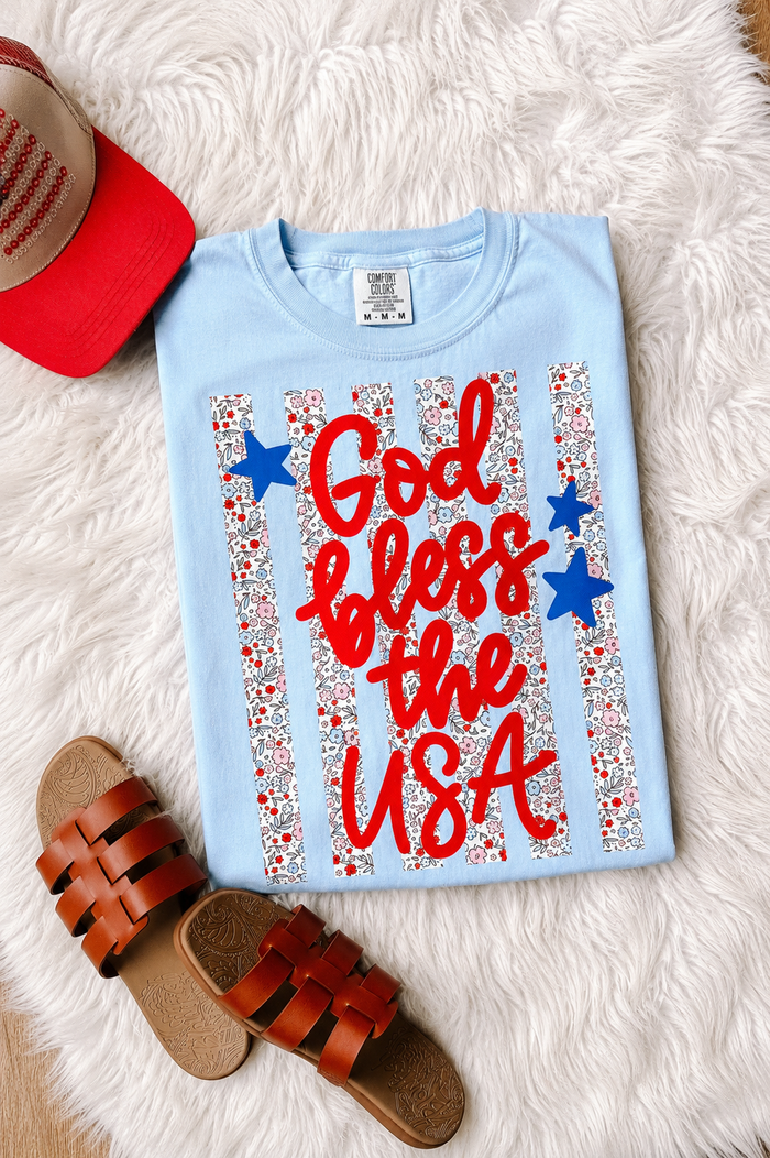 Floral Stripes God Bless the USA Graphic Tee - Hydrangea