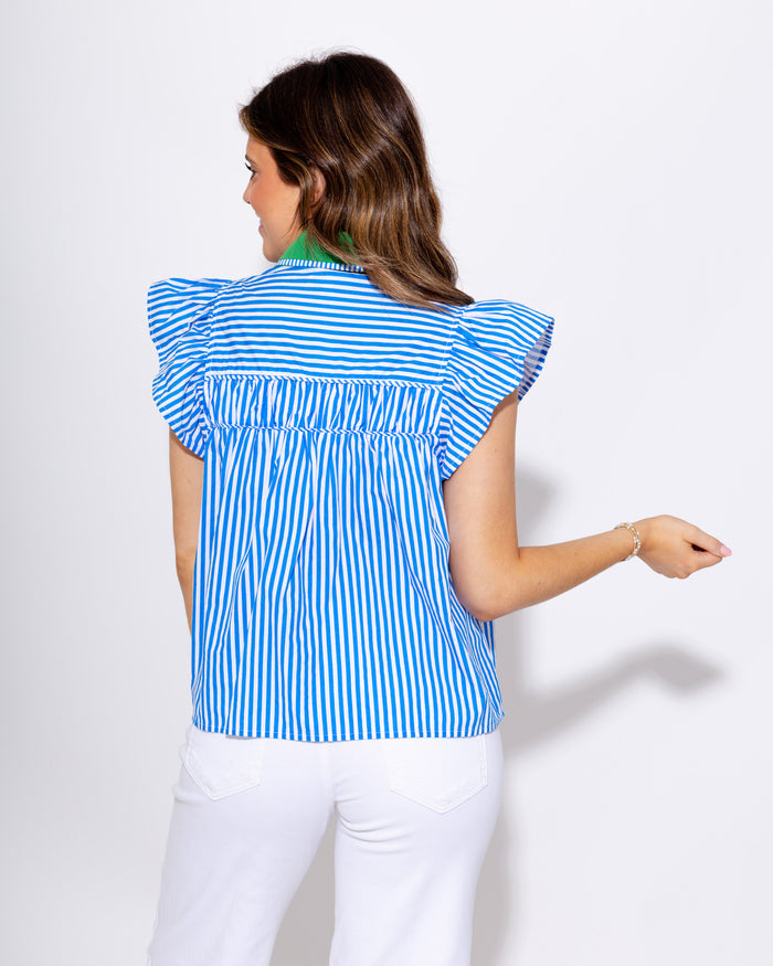 Flutter Sleeve Stripe  Button-Up Top