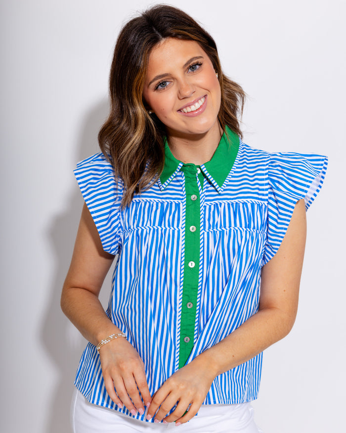 Flutter Sleeve Stripe  Button-Up Top
