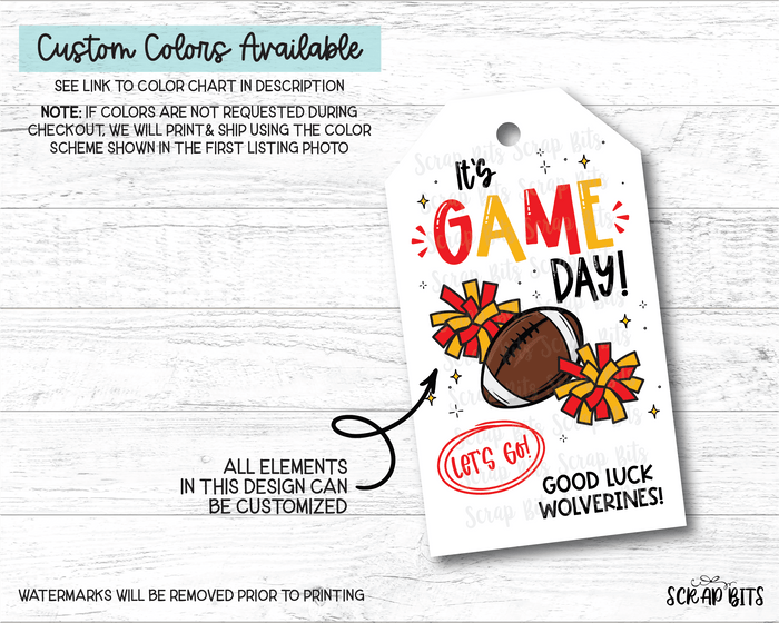 Football Game Day Tags, Let's Go Pom Poms, Good Luck Treat Bag Tags - Scrap Bits