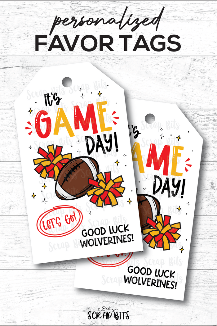 Football Game Day Tags, Let's Go Pom Poms, Good Luck Treat Bag Tags - Scrap Bits