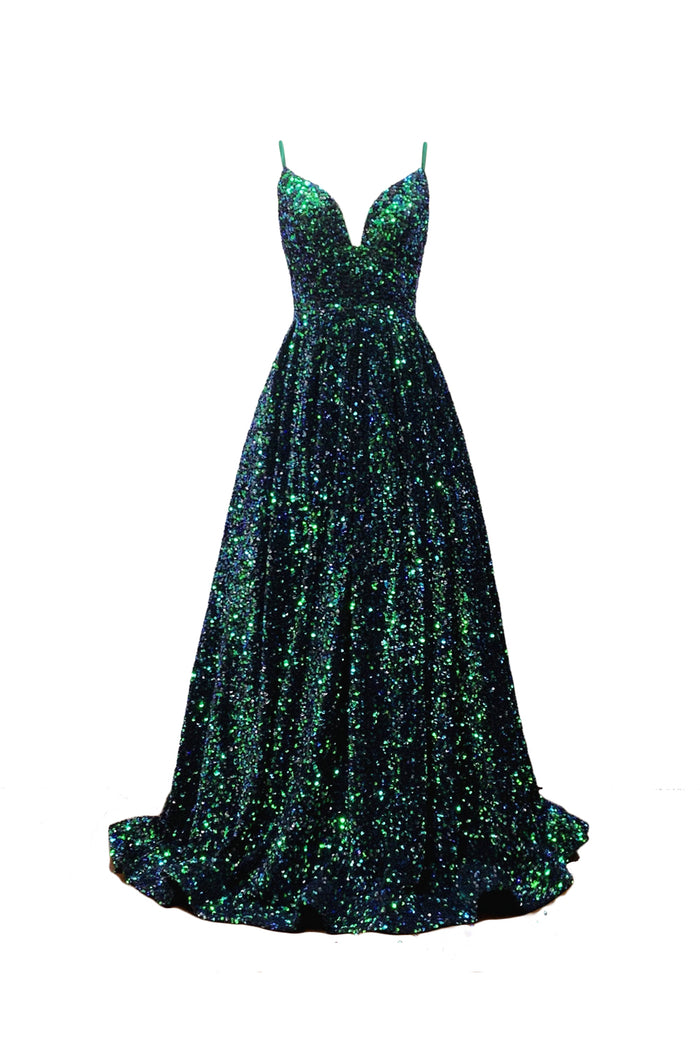 Forest Green Big Sequin Prom Dress 2022 Ball Gown Spaghetti Straps Corset Back with Pockets