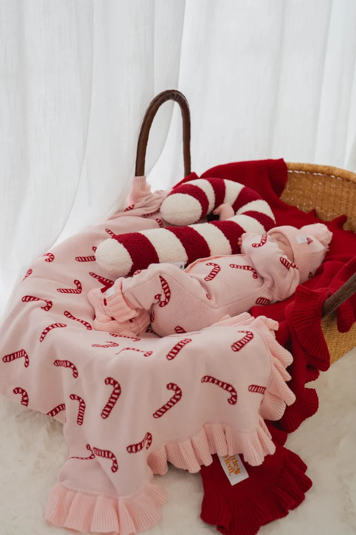 FRILL KNIT BLANKET | Pink Candy Cane