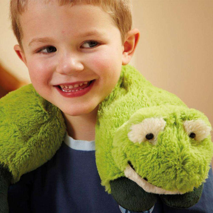 Little boy wearing Cozy Soft Microwavable Frog Wrap