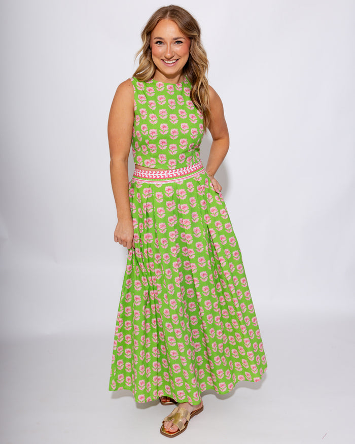 Green Floral Crop Top Midi Skirt Set - Pretty Follies - Gaudie & Co. Texas Boutique