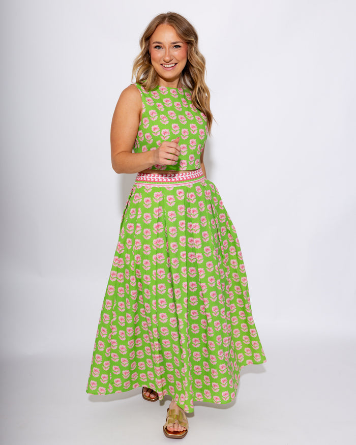 Green Floral Crop Top Midi Skirt Set - Pretty Follies - Gaudie & Co. Texas Boutique