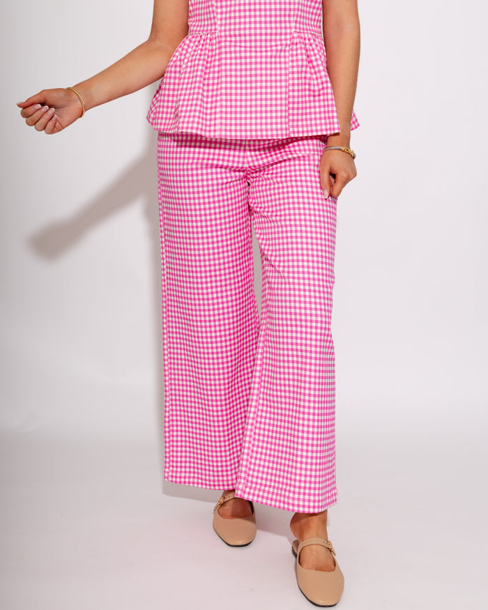 Gingham Peplum Top & Pant Set in Pink
