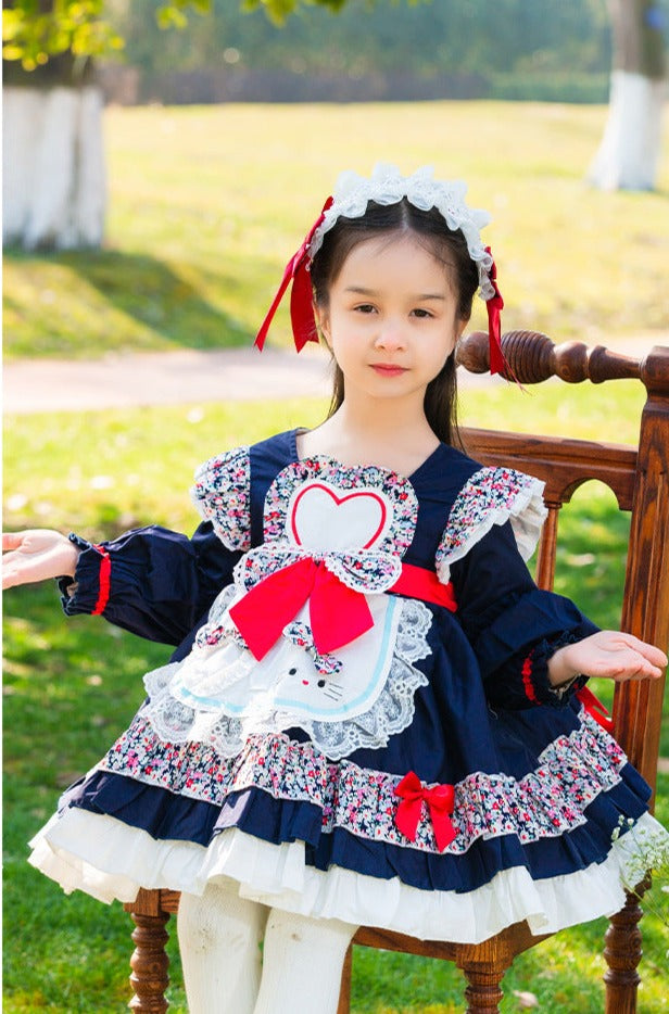 Girls Lolita Dress for Kids Dark Blue Floral Long Sleeves with Bow(s)