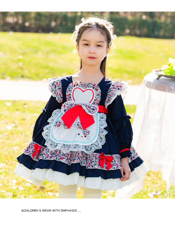 Girls Lolita Dress for Kids Dark Blue Floral Long Sleeves with Bow(s)