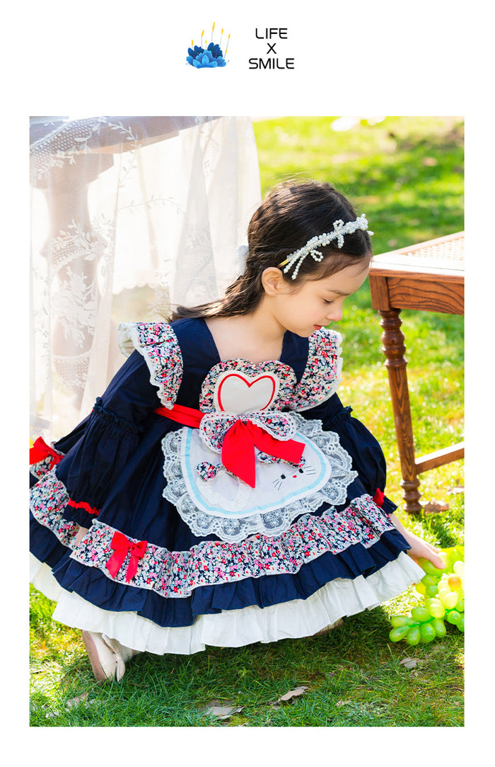 Girls Lolita Dress for Kids Dark Blue Floral Long Sleeves with Bow(s)