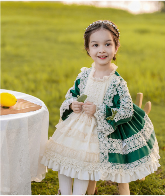 Girls Lolita Dress for Kids Emerald Green Lace Frilled Neck Long Sleeves Velvet with Bow(s)