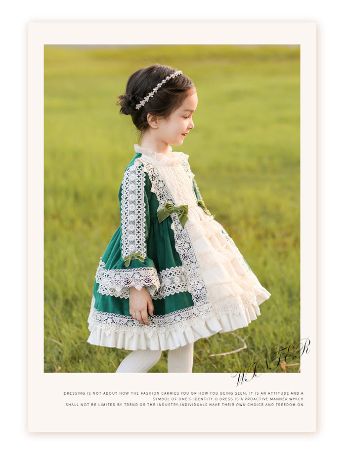 Girls Lolita Dress for Kids Emerald Green Lace Frilled Neck Long Sleeves Velvet with Bow(s)