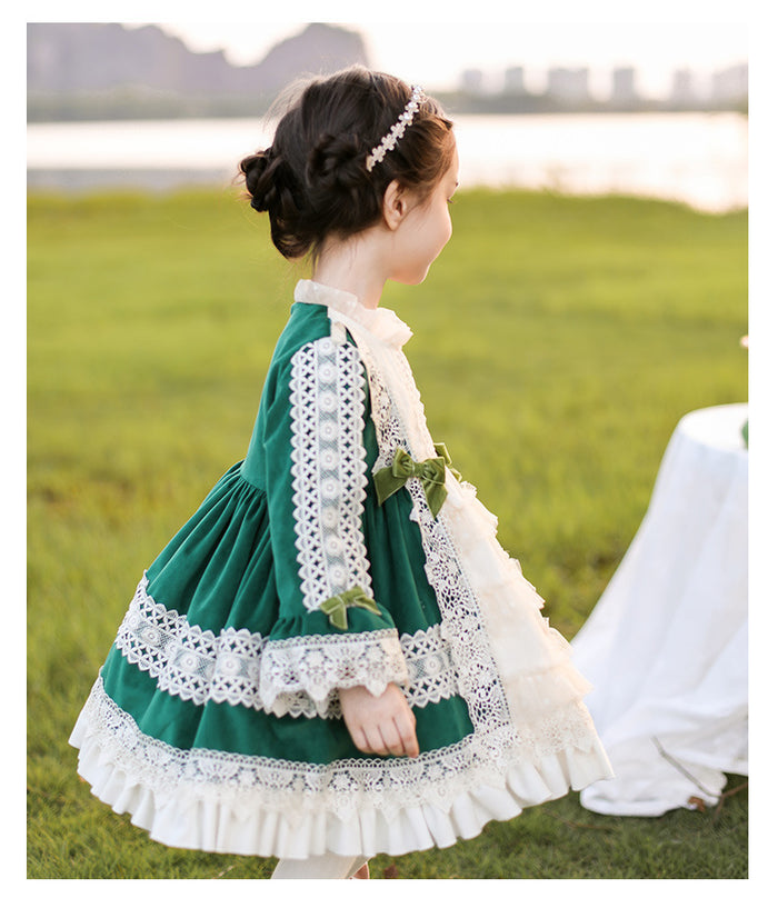 Girls Lolita Dress for Kids Emerald Green Lace Frilled Neck Long Sleeves Velvet with Bow(s)
