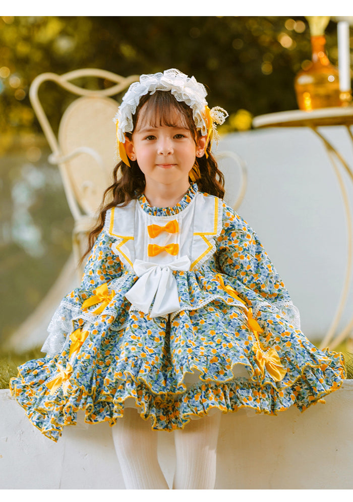 Girls Lolita Dress for Kids Green Floral Frilled Neck Long Sleeves with Bow(s)