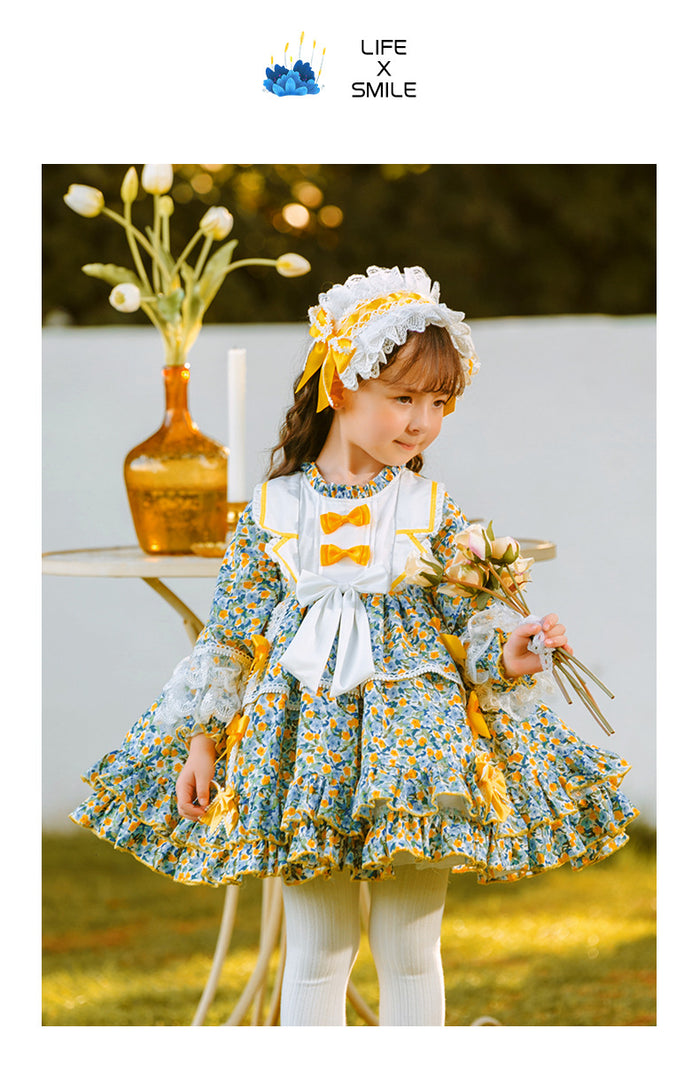 Girls Lolita Dress for Kids Green Floral Frilled Neck Long Sleeves with Bow(s)