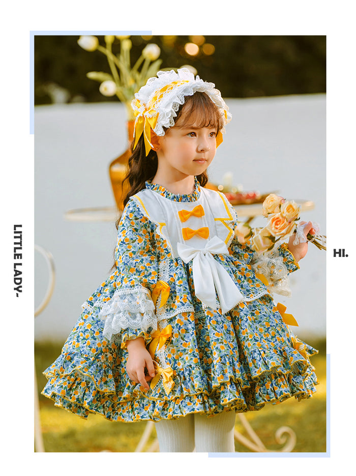 Girls Lolita Dress for Kids Green Floral Frilled Neck Long Sleeves with Bow(s)