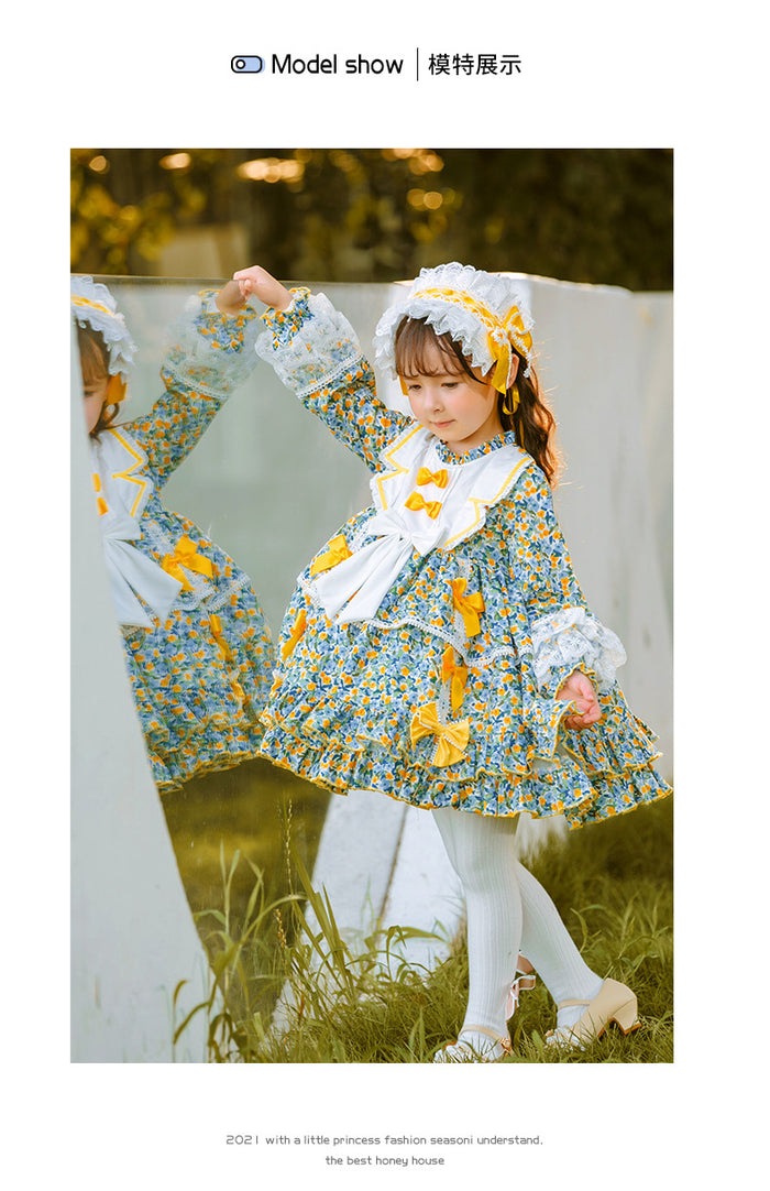 Girls Lolita Dress for Kids Green Floral Frilled Neck Long Sleeves with Bow(s)