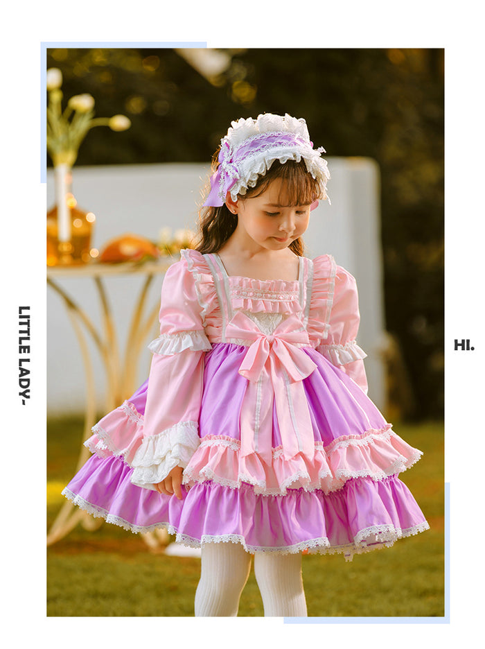 Girls Lolita Dress for Kids Pink Frilled Neck Puff Sleeves with Bow(s)