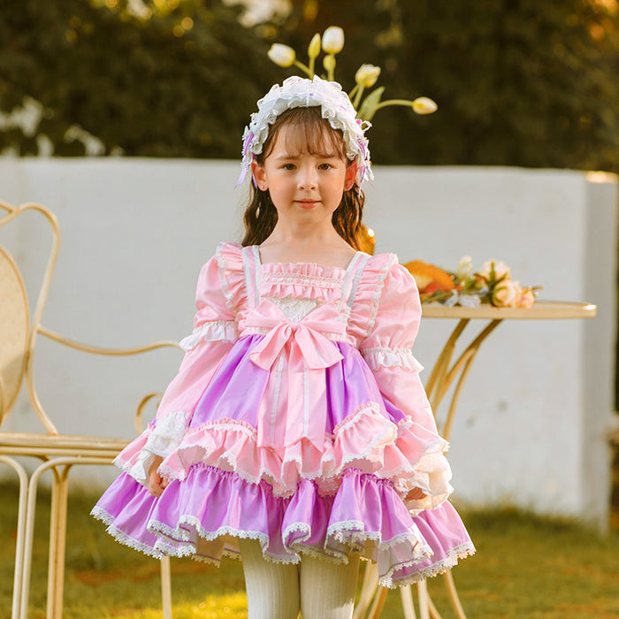 Girls Lolita Dress for Kids Pink Frilled Neck Puff Sleeves with Bow(s)