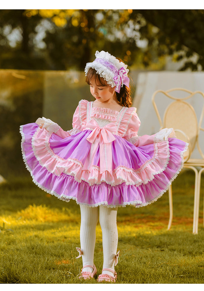 Girls Lolita Dress for Kids Pink Frilled Neck Puff Sleeves with Bow(s)