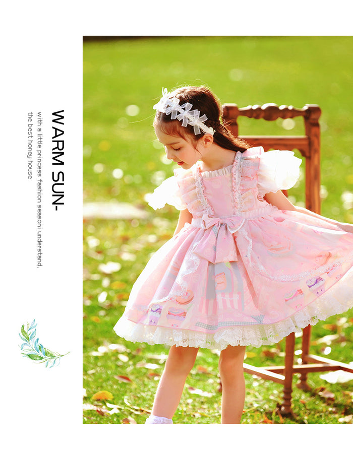 Girls Lolita Dress for Kids Summer Pink Chiffon Flutter Sleeves with Bow(s)