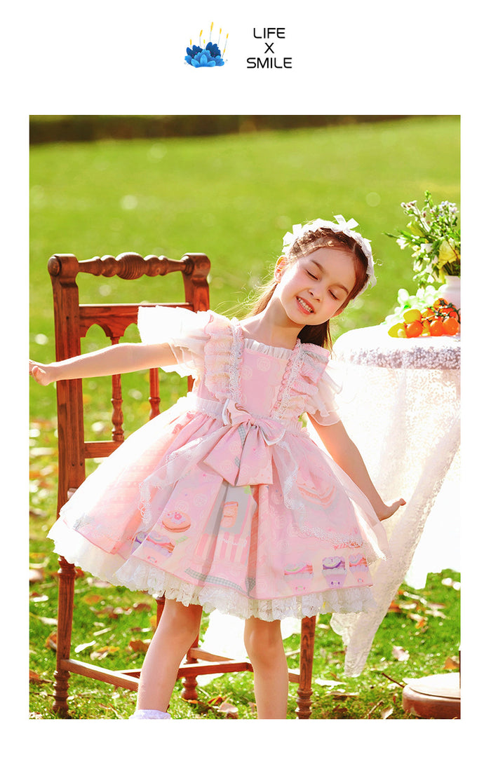 Girls Lolita Dress for Kids Summer Pink Chiffon Flutter Sleeves with Bow(s)