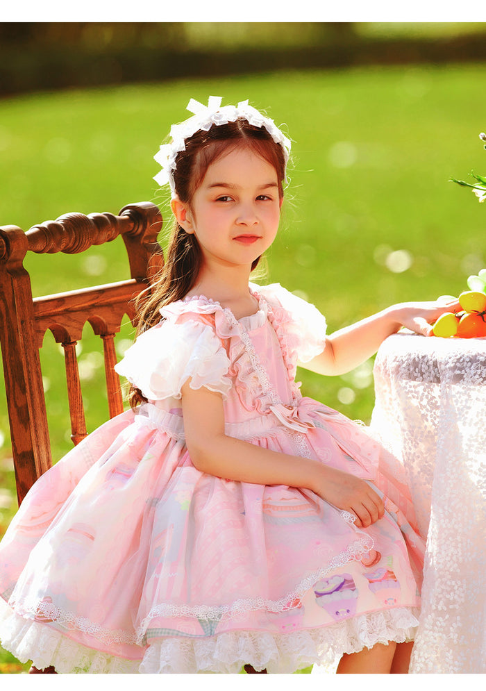 Girls Lolita Dress for Kids Summer Pink Chiffon Flutter Sleeves with Bow(s)