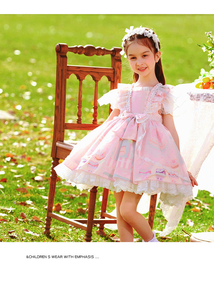 Girls Lolita Dress for Kids Summer Pink Chiffon Flutter Sleeves with Bow(s)