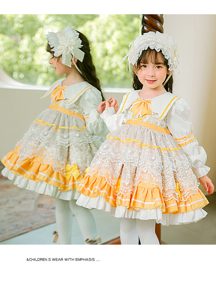 Girls Lolita Dress for Kids Yellow Lace Jewel Neck Long Sleeves with Bow(s)