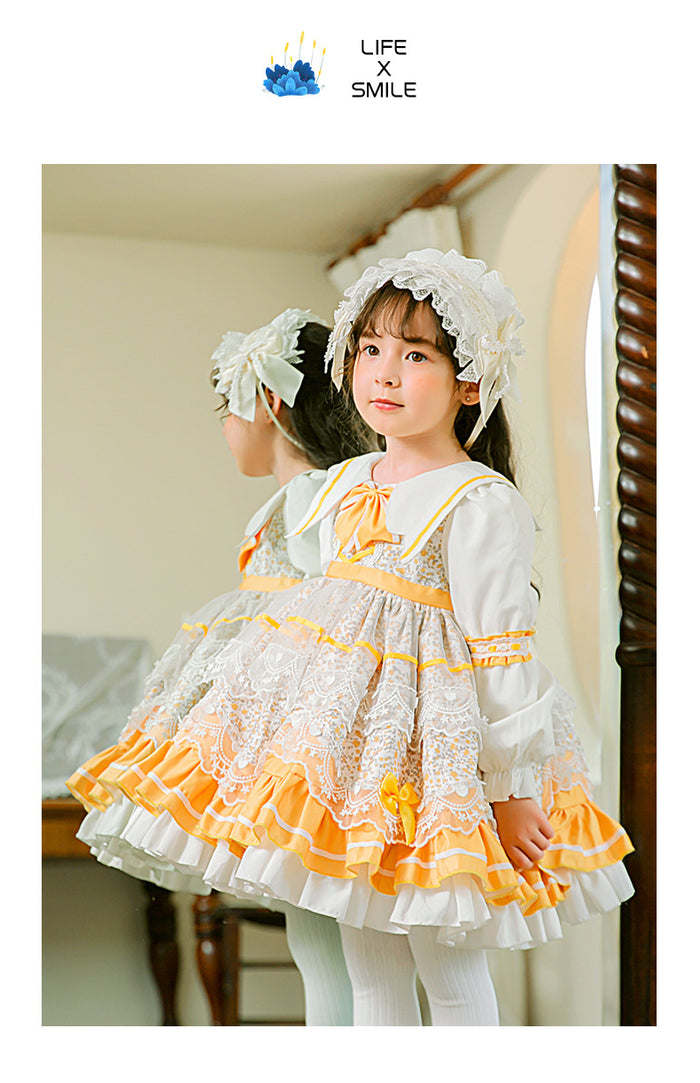 Girls Lolita Dress for Kids Yellow Lace Jewel Neck Long Sleeves with Bow(s)