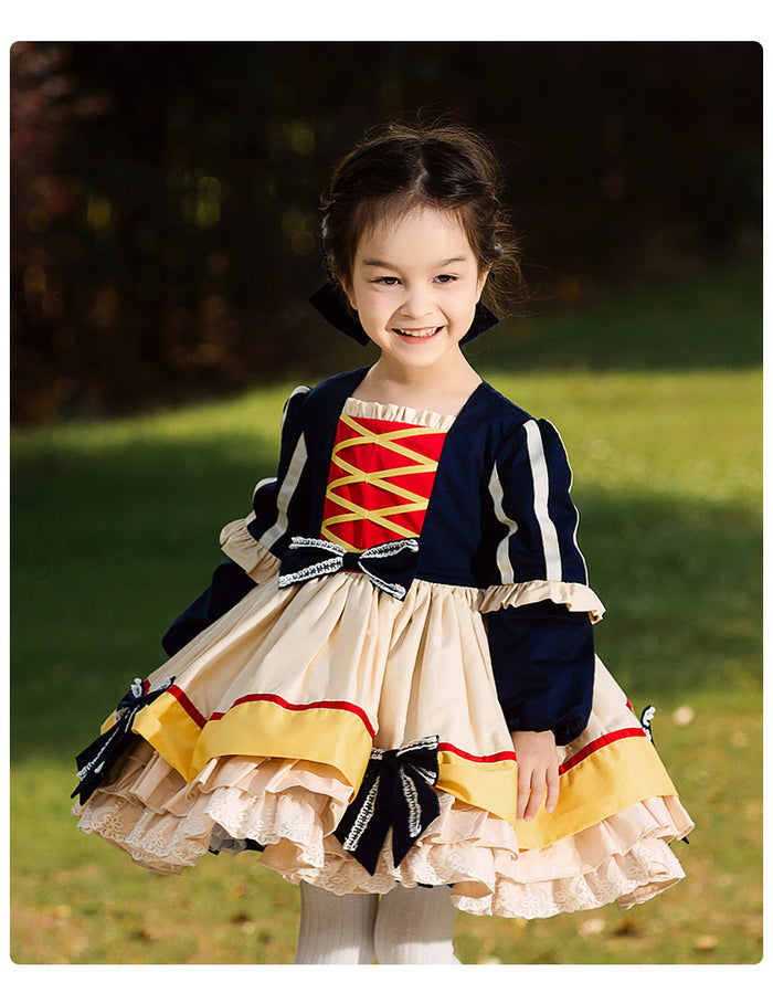 Girls Lolita Dress Renaissance Dark Blue Long Sleeves Jersey with Bow(s)