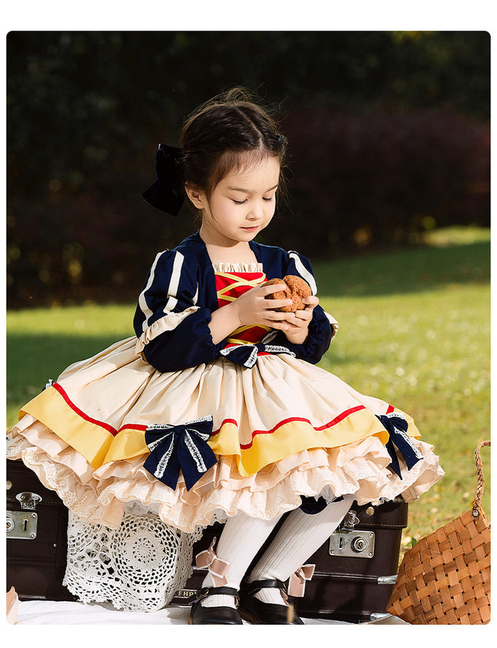 Girls Lolita Dress Renaissance Dark Blue Long Sleeves Jersey with Bow(s)