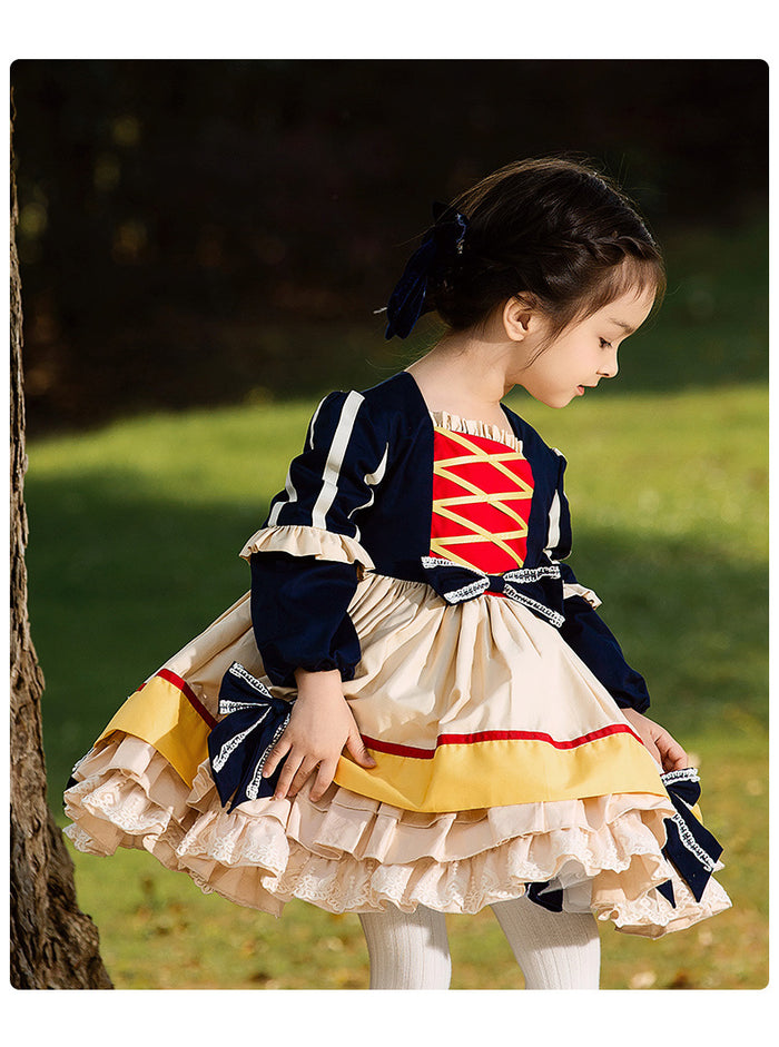 Girls Lolita Dress Renaissance Dark Blue Long Sleeves Jersey with Bow(s)