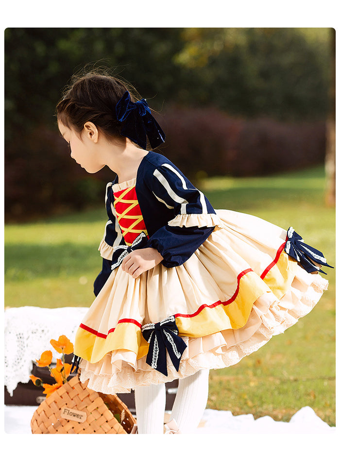 Girls Lolita Dress Renaissance Dark Blue Long Sleeves Jersey with Bow(s)
