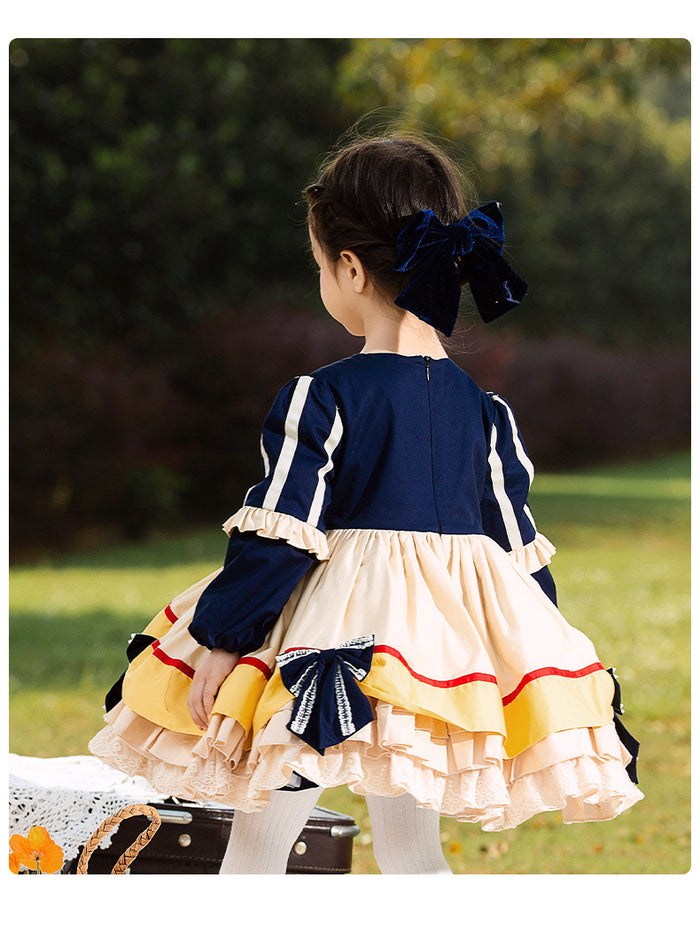 Girls Lolita Dress Renaissance Dark Blue Long Sleeves Jersey with Bow(s)
