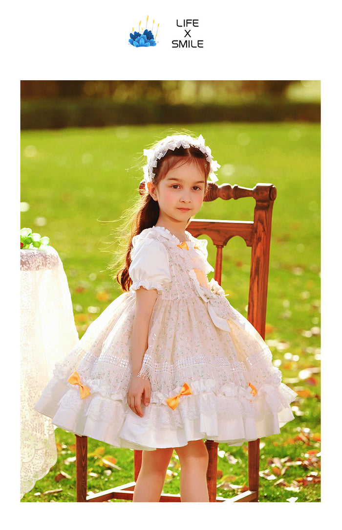 Girls Lolita Dress Summer Beige Floral Short Sleeves Jersey with Bow(s)