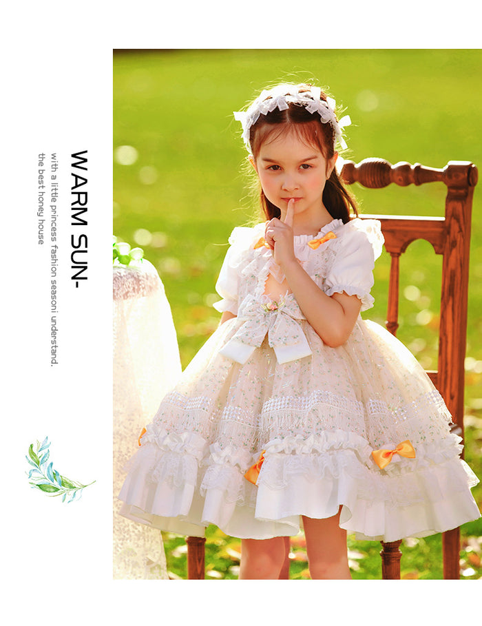 Girls Lolita Dress Summer Beige Floral Short Sleeves Jersey with Bow(s)