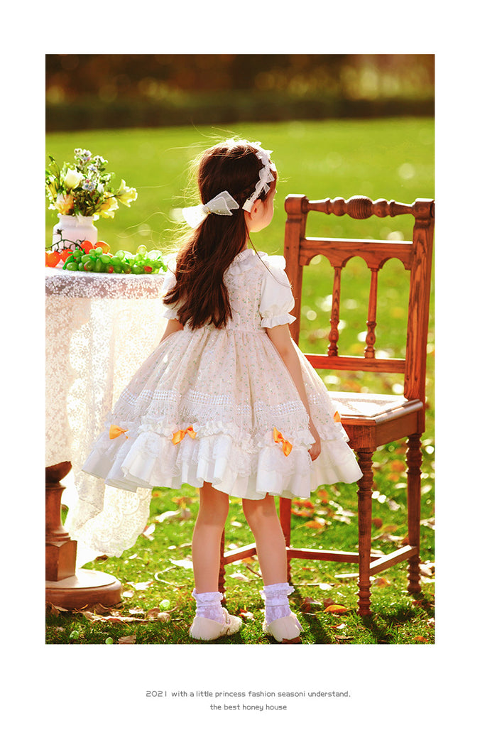 Girls Lolita Dress Summer Beige Floral Short Sleeves Jersey with Bow(s)