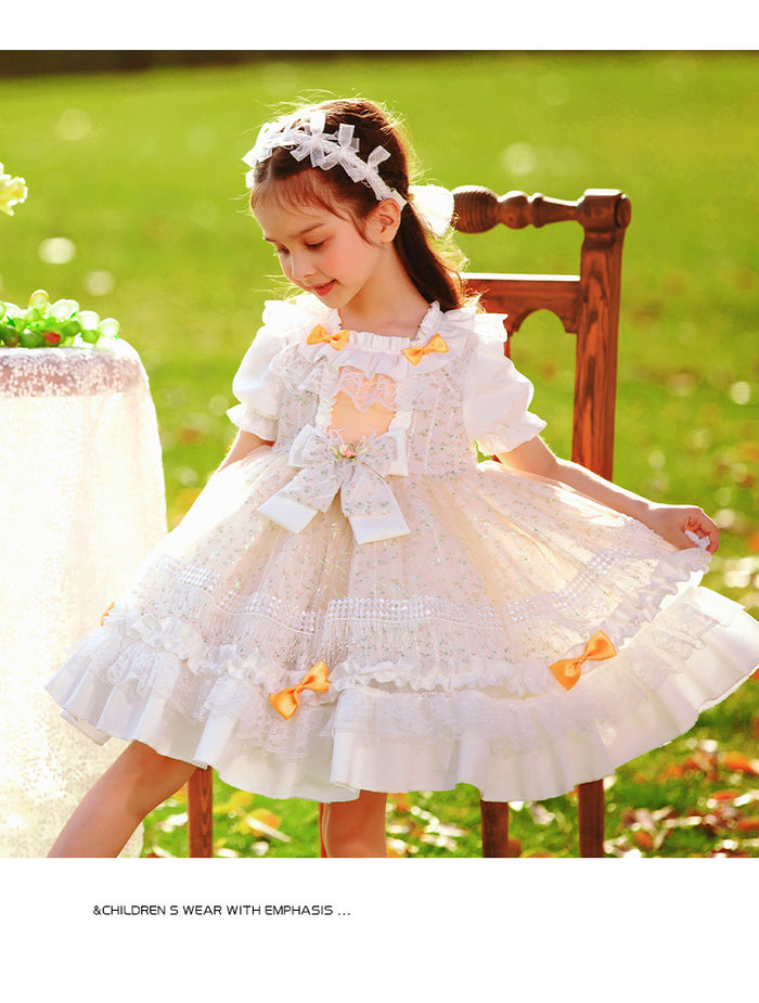 Girls Lolita Dress Summer Beige Floral Short Sleeves Jersey with Bow(s)