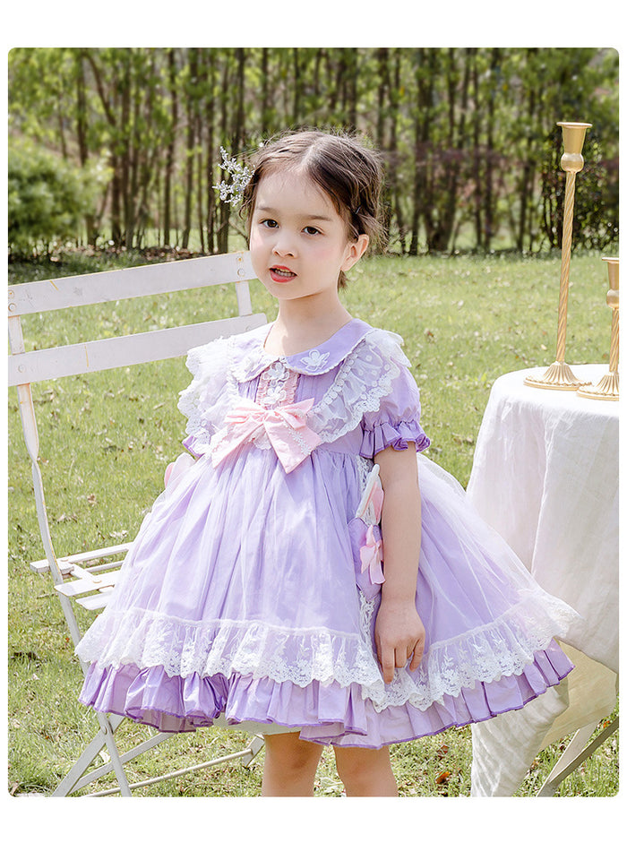 Girls Lolita Dress Summer Light Purple Short Sleeves Lace Jersey with Bow(s)