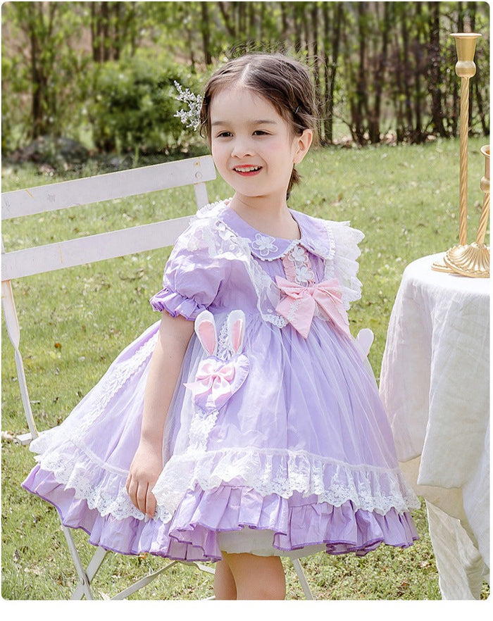 Girls Lolita Dress Summer Light Purple Short Sleeves Lace Jersey with Bow(s)