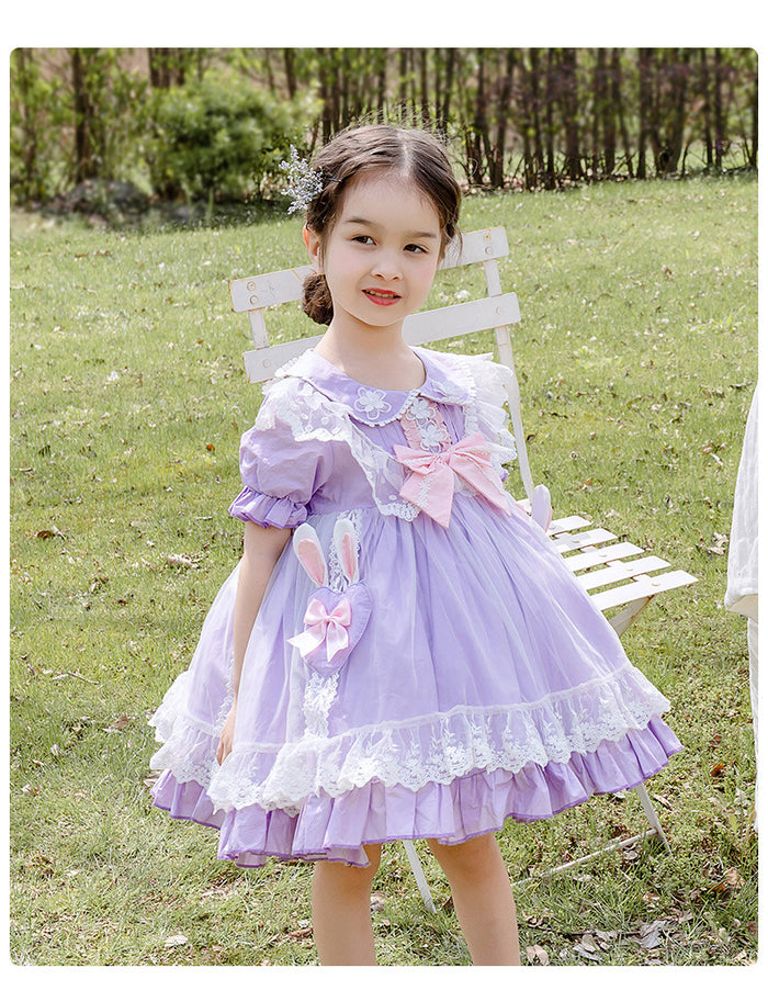 Girls Lolita Dress Summer Light Purple Short Sleeves Lace Jersey with Bow(s)