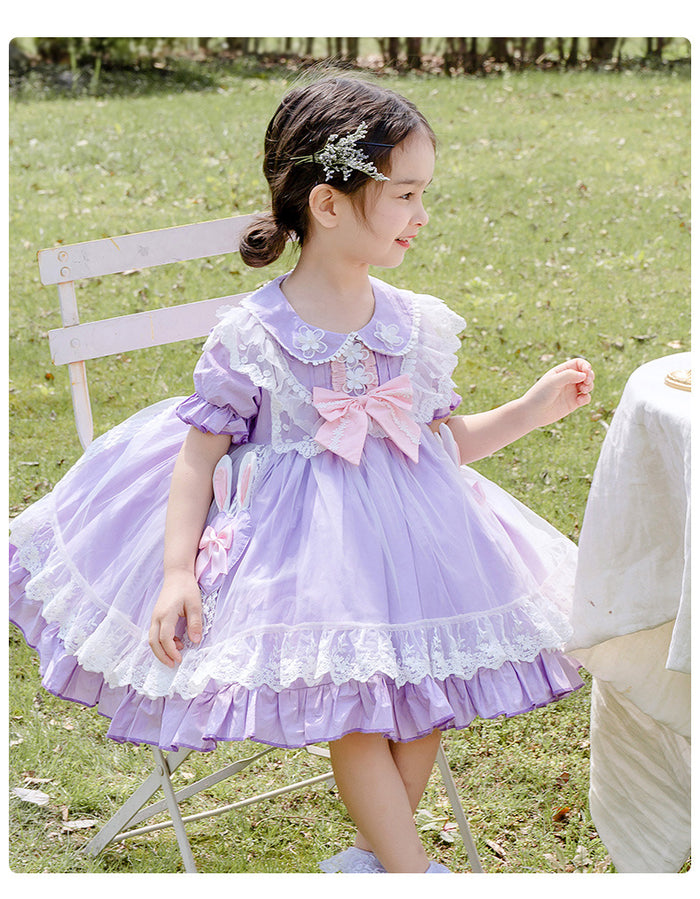 Girls Lolita Dress Summer Light Purple Short Sleeves Lace Jersey with Bow(s)