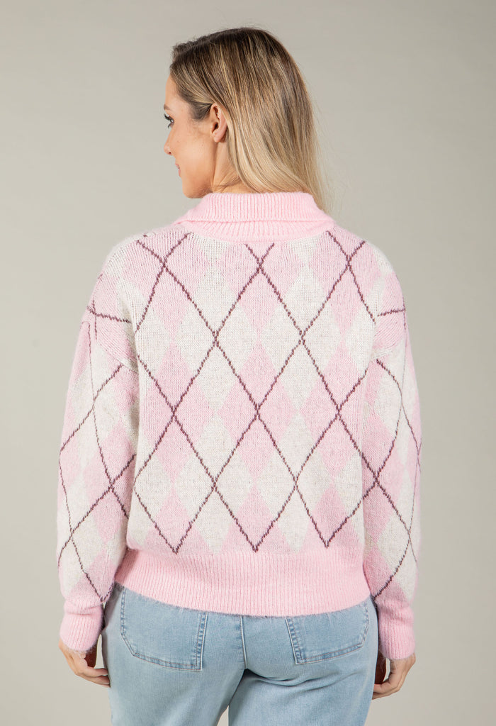 Gold Button Argyle Knit Jumper