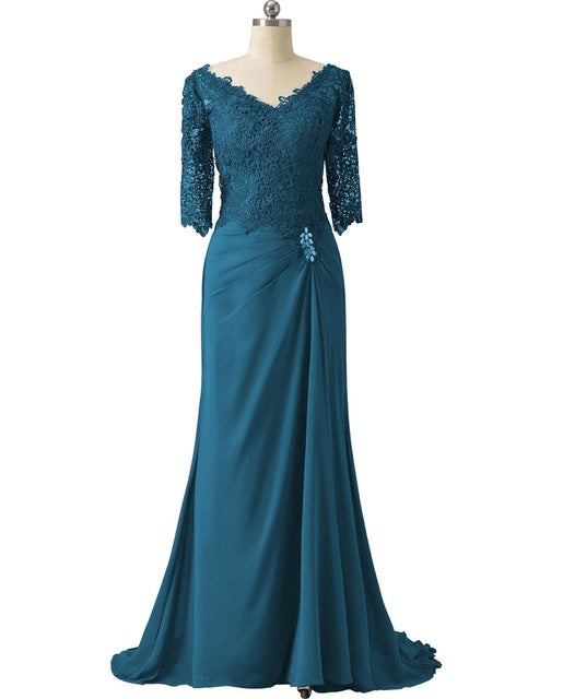 Half Sleeves Lace Mother Of the Bride Bodycon Dress For Wedding Groom Long Formal V Neck For Wedding Party
