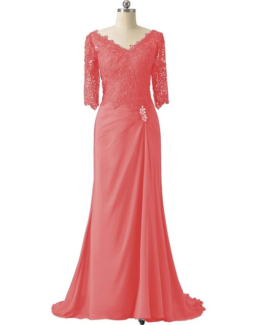 Half Sleeves Lace Mother Of the Bride Bodycon Dress For Wedding Groom Long Formal V Neck For Wedding Party