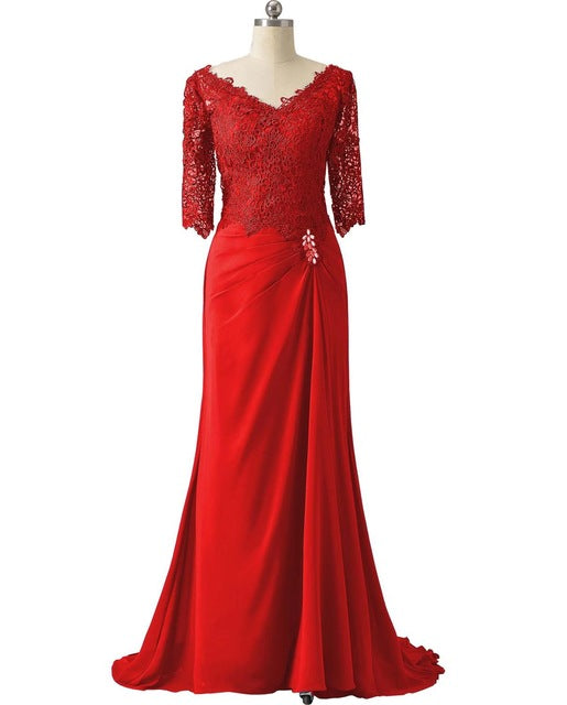Half Sleeves Lace Mother Of the Bride Bodycon Dress For Wedding Groom Long Formal V Neck For Wedding Party