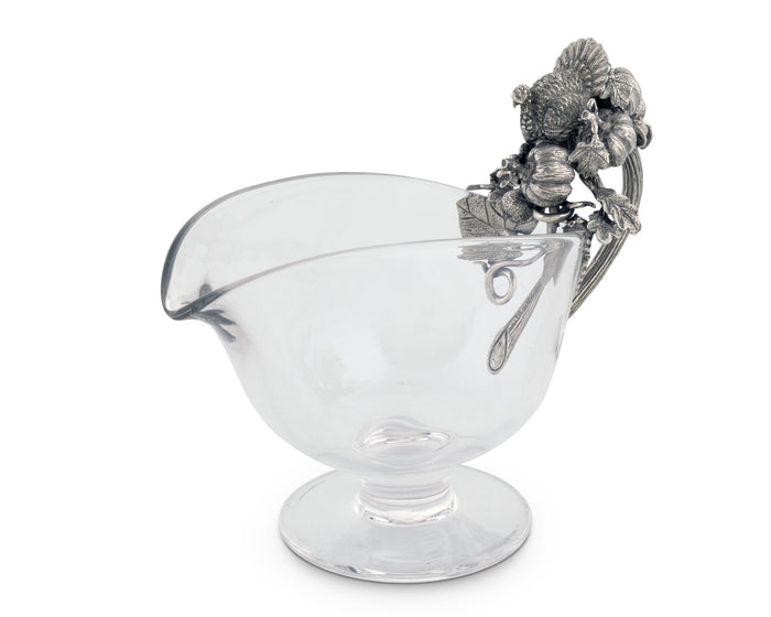 Hand Blown Glass Gravy Boat Pewter Harvest Turkey